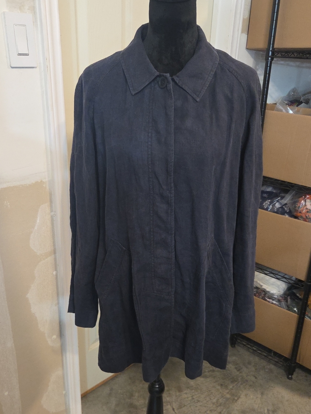 Eileen Fisher Navy Linen Coat Jacket  Button Front Minimal Breathable Lagenlook